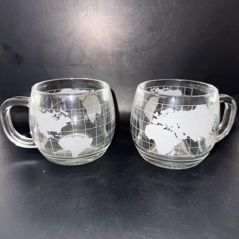 Vintage 1970’s  NESCAFE Glass World Globe Mugs/Cups Set Of 2